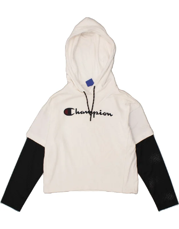 CHAMPION Womens Oversized Crop Graphic Hoodie Jumper UK 6 XS White Hoodie with Monochrome Minimalist Simple CHAMPION Womens Oversized Crop Graphic Hoodie Jumper UK 6 XS White Hoodie with Monochrome Minimalist Simple