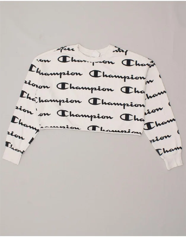 CHAMPION Womens Oversized Crop Graphic Sweatshirt Jumper UK 6 XS White Hoodie with Neon Bright Vibrant CHAMPION Womens Oversized Crop Graphic Sweatshirt Jumper UK 6 XS White Hoodie with Neon Bright Vibrant