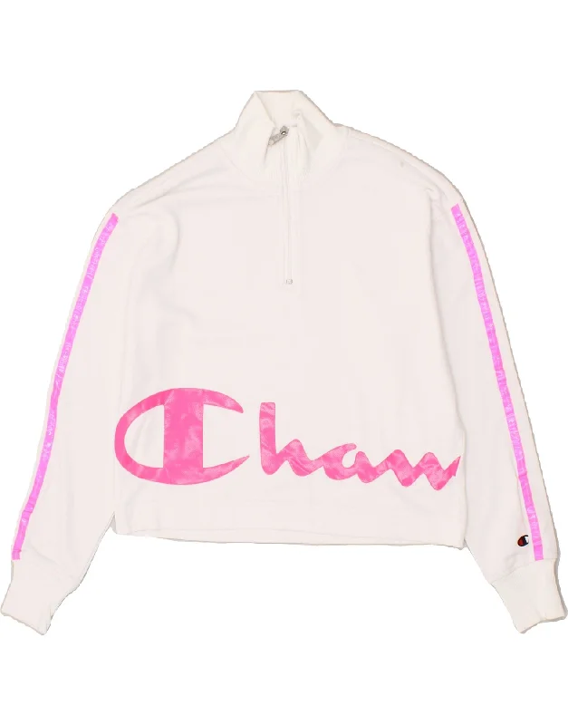 CHAMPION Womens Zip Neck Sweatshirt Jumper UK 10 Small White Cotton Hoodie with Sequins Glamorous Eye-catching CHAMPION Womens Zip Neck Sweatshirt Jumper UK 10 Small White Cotton Hoodie with Sequins Glamorous Eye-catching