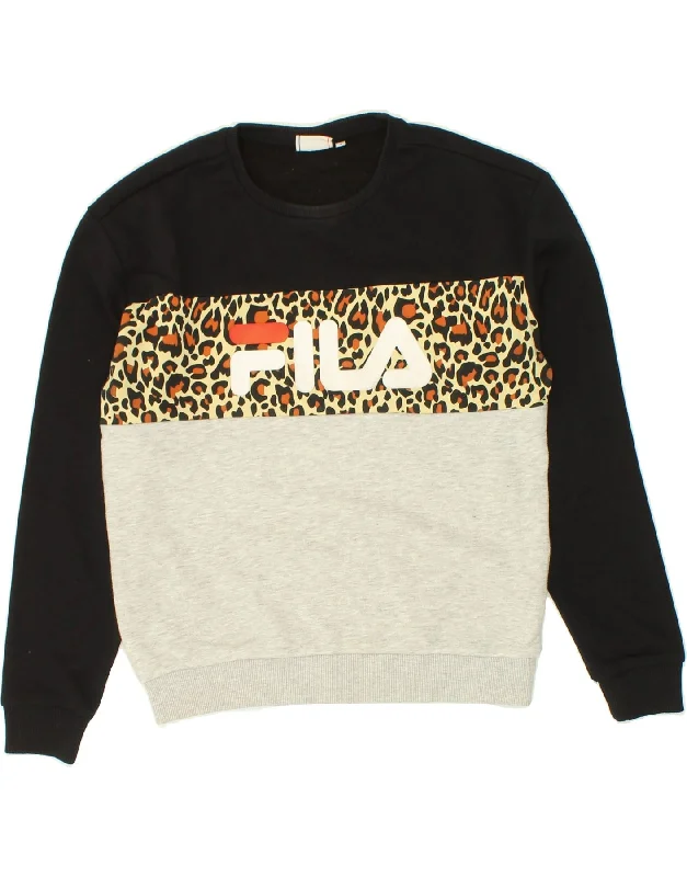 FILA Womens Oversized Graphic Sweatshirt Jumper UK 10 Small Multicoloured Hoodie with Rhinestones Sparkly Elegant FILA Womens Oversized Graphic Sweatshirt Jumper UK 10 Small Multicoloured Hoodie with Rhinestones Sparkly Elegant