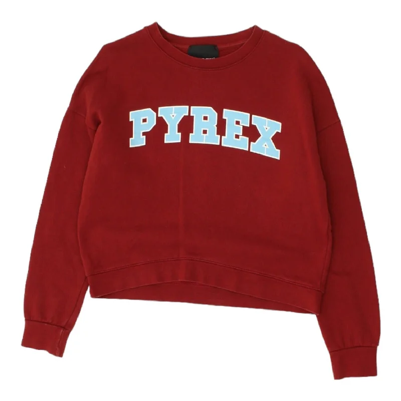 Pyrex Womens Short Red Spellout Logo Sweatshirt | Vintage Designer Jumper VTG Hoodie with V-Neck Classic Versatile Pyrex Womens Short Red Spellout Logo Sweatshirt | Vintage Designer Jumper VTG Hoodie with V-Neck Classic Versatile