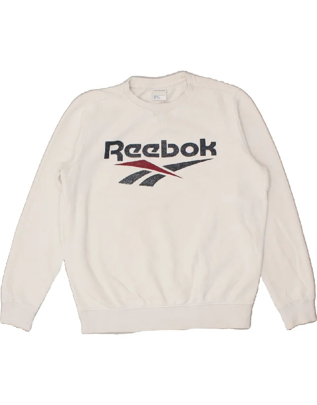 REEBOK Womens Oversized Graphic Sweatshirt Jumper UK 14 Medium White Hoodie with Patch Decorative Personalized REEBOK Womens Oversized Graphic Sweatshirt Jumper UK 14 Medium White Hoodie with Patch Decorative Personalized