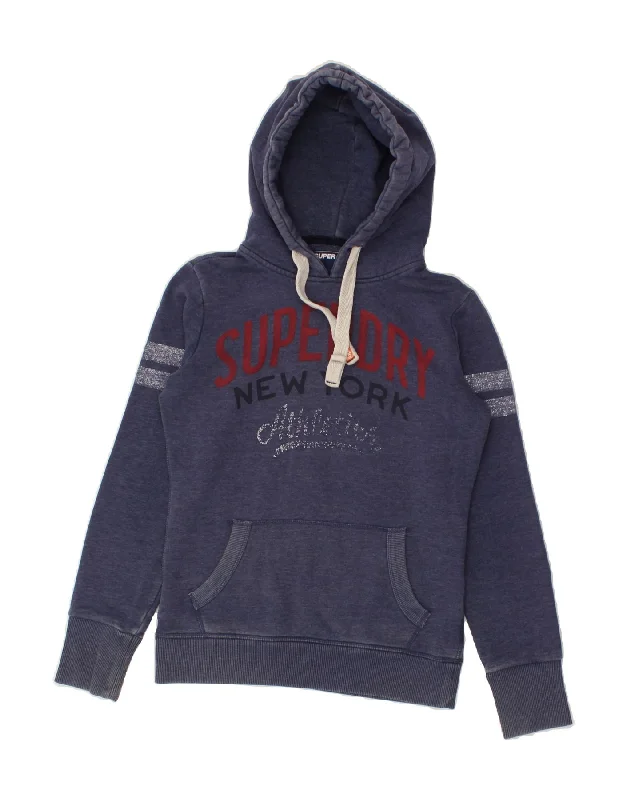 SUPERDRY Womens Graphic Hoodie Jumper UK 6 XS Navy Blue Cotton Hoodie with Back Slit Movement Comfort SUPERDRY Womens Graphic Hoodie Jumper UK 6 XS Navy Blue Cotton Hoodie with Back Slit Movement Comfort