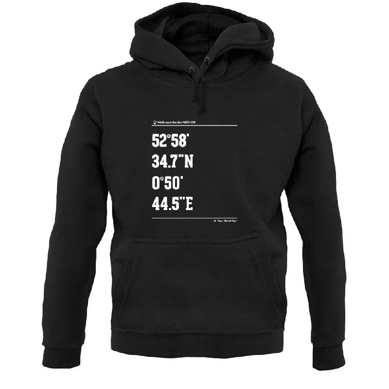 Surfing Coordinates Wells Next The Sea Unisex Hoodie Hoodie with Hem Lace Feminine Delicate Surfing Coordinates Wells Next The Sea Unisex Hoodie Hoodie with Hem Lace Feminine Delicate