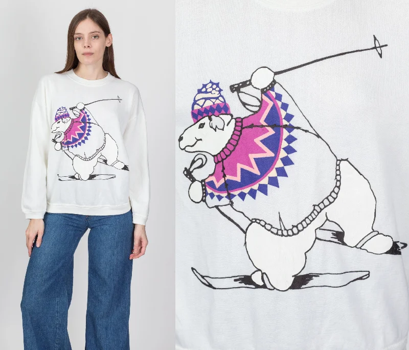 Vintage Skiing Polar Bear Sweatshirt - Large Hoodie with Drawstring Waist Adjustable Fitted Vintage Skiing Polar Bear Sweatshirt - Large Hoodie with Drawstring Waist Adjustable Fitted