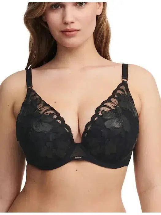 Fleurs Signature Black Leather Plunge Bra Sexy Lace Bralette