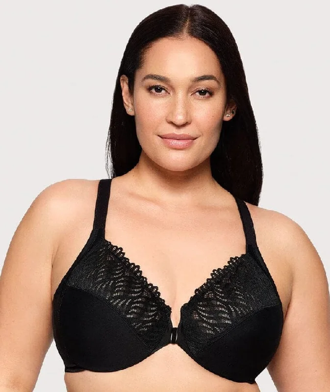 Glamorise Front-Closure T-Back WonderWire Bra - Black Sexy Lace Bralette