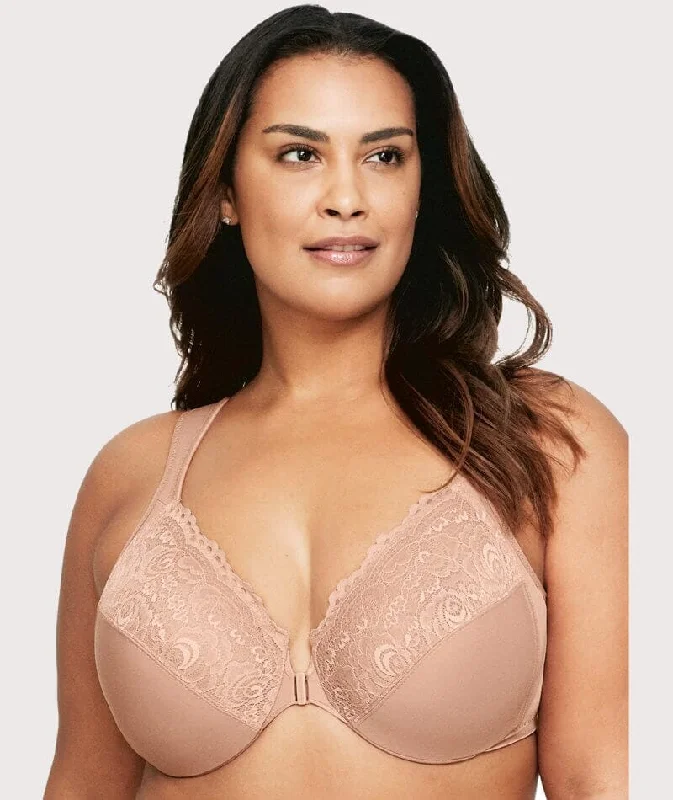 Glamorise WonderWire Front-Closure Bra - Cappuccino Elegant Lace Lingerie