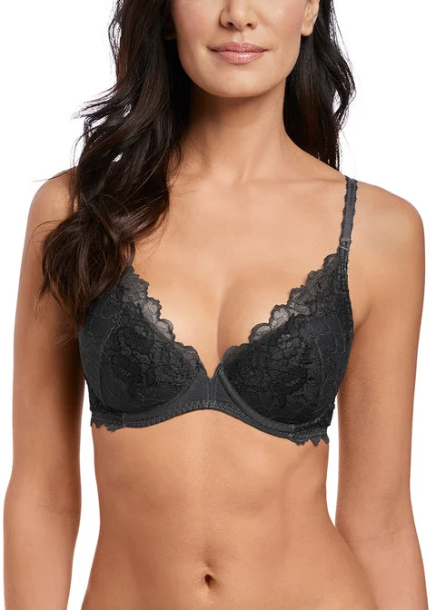 Wacoal Lace Perfection Plunge Push Up Bra, Charcoal Lacy Underwire Bra