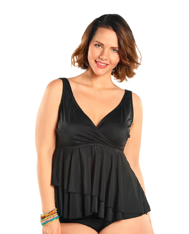 Always For Me Black Plus Size Opulent Wrap Tankini Top with Matching Tankini Bottom Deep-V Swimsuit Design Always For Me Black Plus Size Opulent Wrap Tankini Top with Matching Tankini Bottom Deep-V Swimsuit Design