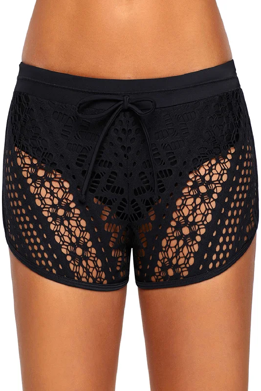 Black Hollow Out Lace Overlay Swim Short Bottom Adjustable Bikini Bottoms