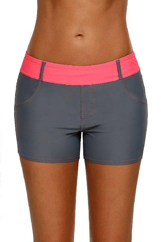 Coral Waistband Faux Denim Sports Shorts Swim Bottoms Mesh Detail Bikini