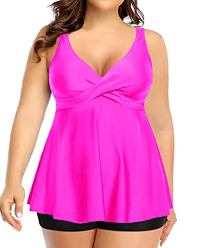 Flowy Plus Size Tankini Swim Top With Boy Shorts For Women-Hot Pink Floral Bikini Top Flowy Plus Size Tankini Swim Top With Boy Shorts For Women-Hot Pink Floral Bikini Top