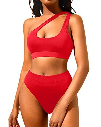 One Shoulder Two Piece Swimsuits Women's High Waisted Bikini Set Trendy Swimwear Set One Shoulder Two Piece Swimsuits Women's High Waisted Bikini Set Trendy Swimwear Set