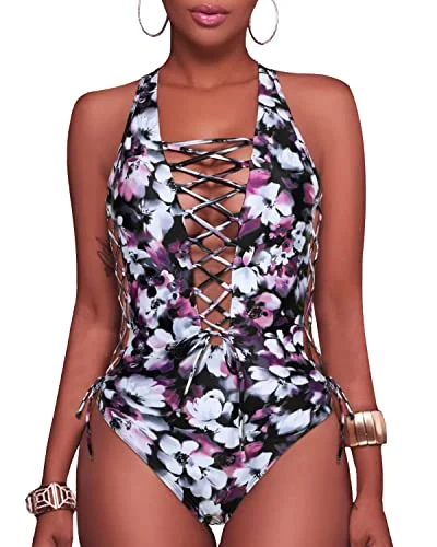 Sexy Strappy Cutout One Piece Swimsuits-Purple Floral Tropical Print One-Piece