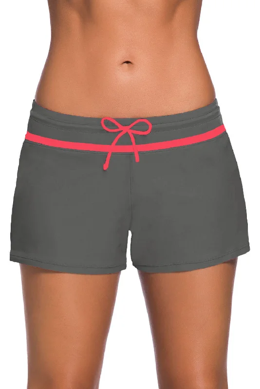 Red Trim Taupe Women Swim Boardshort Beachy Ruffle Bikini