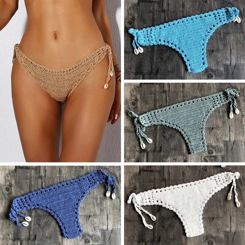 Women Sport Sexy Bikini Thong Handmade Crochet Swimwear Bikini Bottom Hollow-out Low Waist Bathing Suit Bold Swimsuit Design Women Sport Sexy Bikini Thong Handmade Crochet Swimwear Bikini Bottom Hollow-out Low Waist Bathing Suit Bold Swimsuit Design