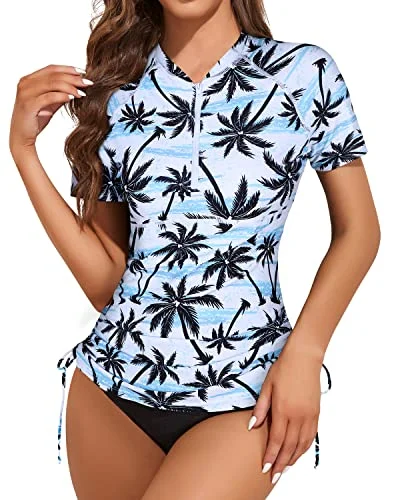 Women's Short Sleeve Swim Shirt With Built In Bra And Bottom-Black Palm Tree Tropical Print One-Piece Women's Short Sleeve Swim Shirt With Built In Bra And Bottom-Black Palm Tree Tropical Print One-Piece