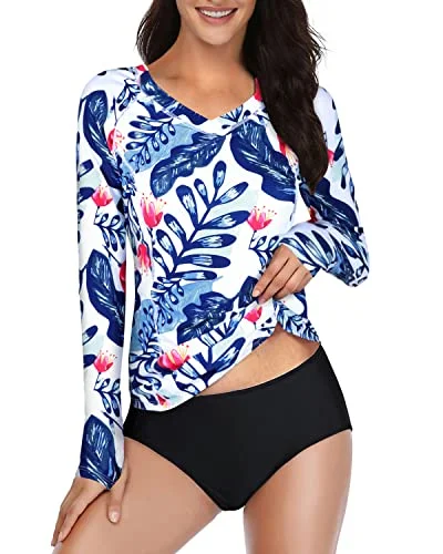 2 Piece Swim Shirt & Shorts For Women Rash Guard Long Sleeve-White And Blue Floral Classic Swimsuit Design 2 Piece Swim Shirt & Shorts For Women Rash Guard Long Sleeve-White And Blue Floral Classic Swimsuit Design
