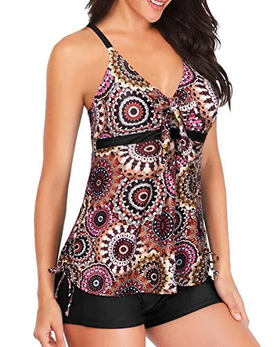 Flowy Tankini Top With Shorts Bathing Suit Tummy Control Swimwear For Women-Brown Print Solid Color Swimsuit Flowy Tankini Top With Shorts Bathing Suit Tummy Control Swimwear For Women-Brown Print Solid Color Swimsuit