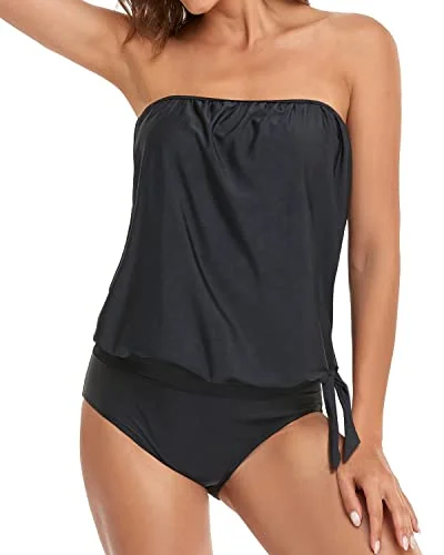 Women's Long Bandeau Tankini Bathing Suits-Black High-Waist Bikini Set