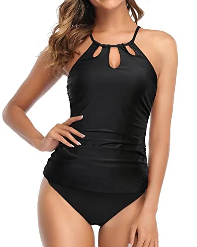 Ruched Halter Neck Swim Tankini Top With Bikini Bottom-Black Minimalist One-Piece