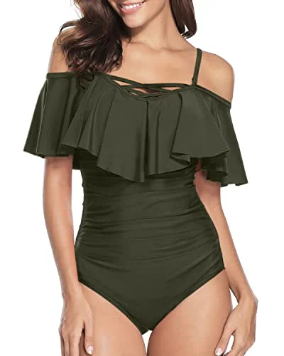 Adjustable Spaghetti Shoulder Strap One Piece Swimsuit Off Shoulder Swimsuit-Army Green Two-Piece Beachwear Adjustable Spaghetti Shoulder Strap One Piece Swimsuit Off Shoulder Swimsuit-Army Green Two-Piece Beachwear