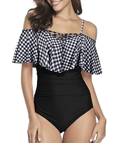 Removable Push-Up Padded Bra Swimsuits Criss-Cross Lace-Up For Women-Black And White Checkered Crisscross Back Swimsuit Removable Push-Up Padded Bra Swimsuits Criss-Cross Lace-Up For Women-Black And White Checkered Crisscross Back Swimsuit