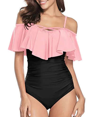 Lace Up Vintage Ruffle Swimwear For Women Off Shoulder One Piece Swimsuit-Pink And Black Vintage Swimwear Look Lace Up Vintage Ruffle Swimwear For Women Off Shoulder One Piece Swimsuit-Pink And Black Vintage Swimwear Look