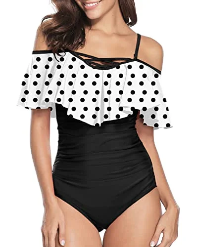 Lace Up Ruffle Swimsuits Best Bathing Suits For Curvy Women-White Black Polka Dots Shiny One-Piece Swimsuit Lace Up Ruffle Swimsuits Best Bathing Suits For Curvy Women-White Black Polka Dots Shiny One-Piece Swimsuit