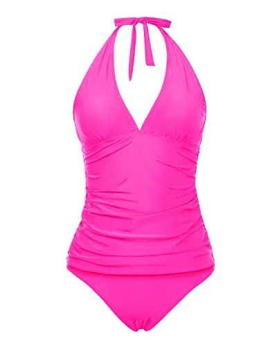Two Piece Ruched Tankini Swimsuit For Tummy Control-Neon Pink Retro Swimwear Style