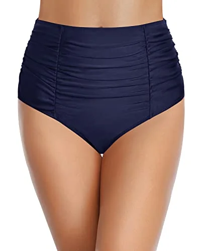 High Waisted Tummy Control Swim Bottom Vintage Ruched Bikini Bottom-Navy Blue Timeless Black Bikini