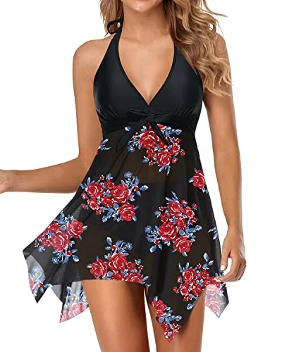 Mesh Halter Bathing Suit Dress Tankini Top With Tummy Control Shorts For Women-Blue Floral Minimalist One-Piece Mesh Halter Bathing Suit Dress Tankini Top With Tummy Control Shorts For Women-Blue Floral Minimalist One-Piece