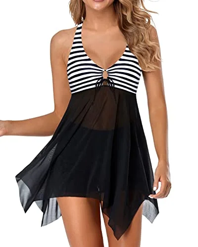 Ladies Mesh Tummy Control 2 Piece Swim Dress With Boyshorts-Black And White Stripe Playful Pattern Swimsuit Ladies Mesh Tummy Control 2 Piece Swim Dress With Boyshorts-Black And White Stripe Playful Pattern Swimsuit