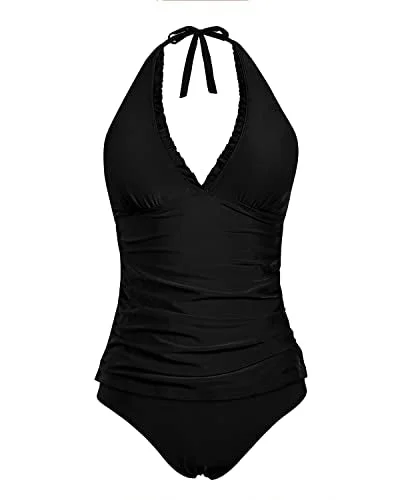 Halter Tankini Swimsuits Tummy Control Two Piece Ruffle V Neck Bathing Suits-Black Sleek Mesh Bikini Halter Tankini Swimsuits Tummy Control Two Piece Ruffle V Neck Bathing Suits-Black Sleek Mesh Bikini