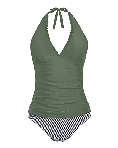 Ruched Tankini Top With Bikini Bottoms Tummy Control Tankini Swimsuits-Navy Blue Trendy Swimwear Set Ruched Tankini Top With Bikini Bottoms Tummy Control Tankini Swimsuits-Navy Blue Trendy Swimwear Set