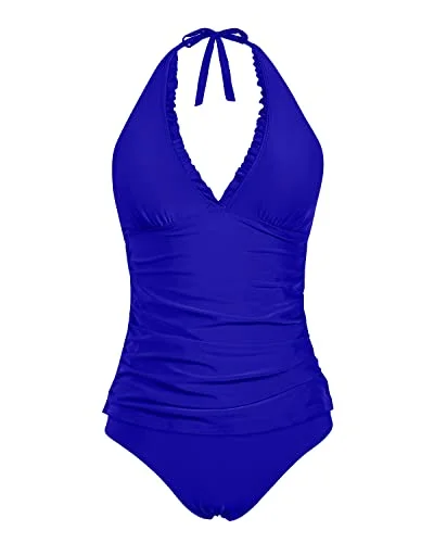 Ruffle V Neck Tankini Top With Bikini Bottoms Tankini Swimsuits-Royal Blue Sleek Racerback Swimsuit Ruffle V Neck Tankini Top With Bikini Bottoms Tankini Swimsuits-Royal Blue Sleek Racerback Swimsuit