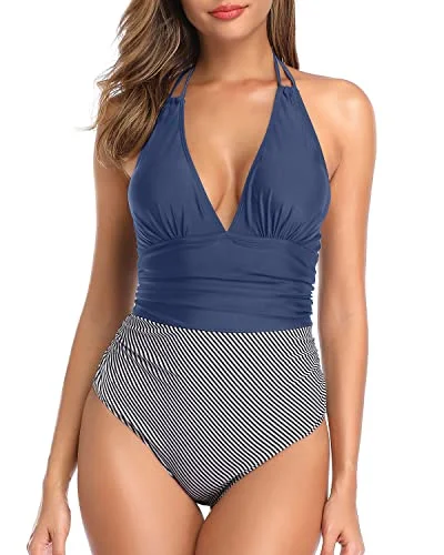 Open Back Halter Bathing Suit Tummy Control Women One Piece Swimwear-Blue White Stripe Flirty Ruffle Swimsuit Open Back Halter Bathing Suit Tummy Control Women One Piece Swimwear-Blue White Stripe Flirty Ruffle Swimsuit