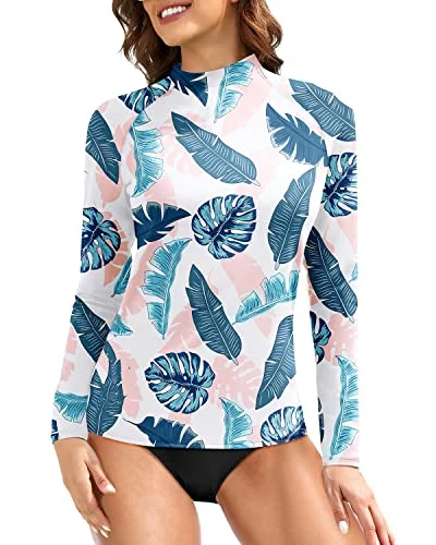 Long Sleeve Uv Upf 50+ Sun Protection Swim Shirts For Women-Blue And Pink Leaf Floral Bikini Top Long Sleeve Uv Upf 50+ Sun Protection Swim Shirts For Women-Blue And Pink Leaf Floral Bikini Top