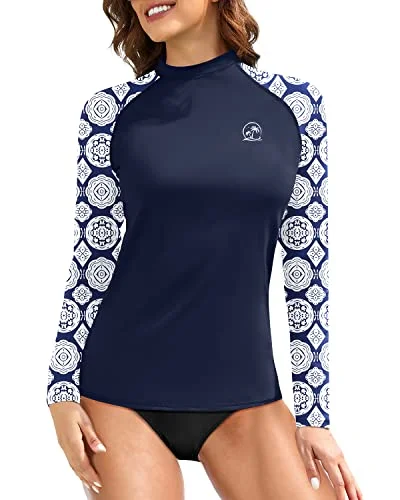 Women's Upf 50+ Sun Protection Long Sleeve Swim Shirts-Blue And White Snake Print High-Cut One-Piece Women's Upf 50+ Sun Protection Long Sleeve Swim Shirts-Blue And White Snake Print High-Cut One-Piece