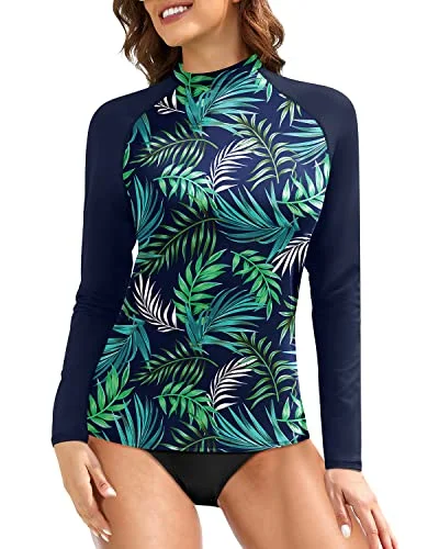 Women's Long Sleeve Rash Guard Swim Top Uv Upf 50+ Sun Protection-Blue Leaf High-Waisted Swimwear Women's Long Sleeve Rash Guard Swim Top Uv Upf 50+ Sun Protection-Blue Leaf High-Waisted Swimwear