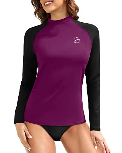 Raglan Sleeve And Crew Neck Long Sleeve Swim Shirts For Women-Maroon Bold Color Swimsuit Raglan Sleeve And Crew Neck Long Sleeve Swim Shirts For Women-Maroon Bold Color Swimsuit