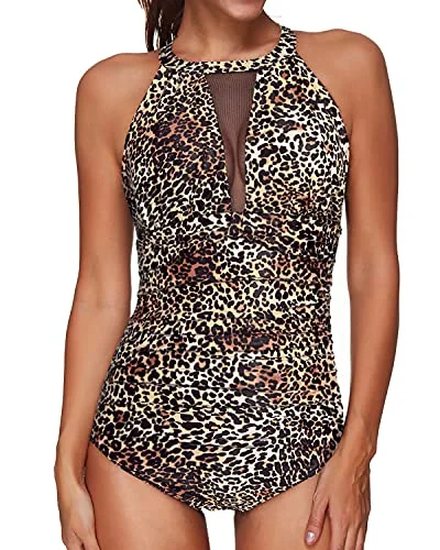 Halter High Neck Mesh Tummy Control One Piece Swimsuit-Leopard Elegant Ruffled Bikini Halter High Neck Mesh Tummy Control One Piece Swimsuit-Leopard Elegant Ruffled Bikini