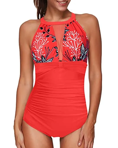 Women's Mesh High Neck One Piece Swimsuit With Tummy Control Swimwear-Red Floral Ruffled Swimsuit Top