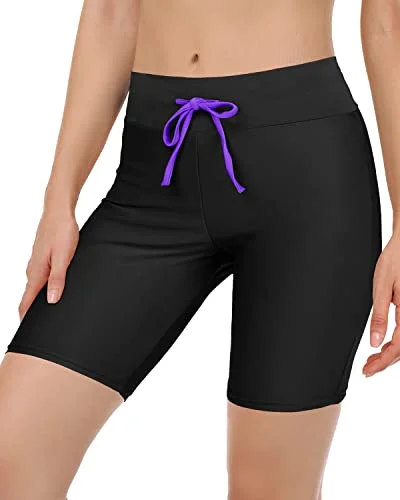 Women's Swim Shorts With Tummy Control Long Board Shorts-Black Purple Quick-Dry Tankini Women's Swim Shorts With Tummy Control Long Board Shorts-Black Purple Quick-Dry Tankini