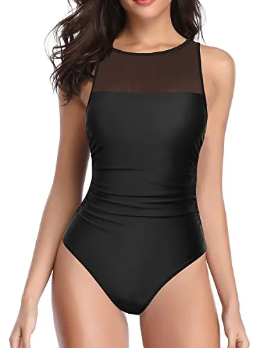 Women High Neck One Piece Swimsuits For Women Mesh Bathing Suits-Black Tropical Print One-Piece Women High Neck One Piece Swimsuits For Women Mesh Bathing Suits-Black Tropical Print One-Piece