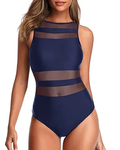 Women's Unique And Charming Mesh Patchwork One Piece Swimsuits-Navy Blue Vibrant Bikini Bottoms Women's Unique And Charming Mesh Patchwork One Piece Swimsuits-Navy Blue Vibrant Bikini Bottoms