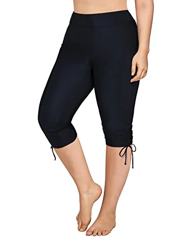 Drawstring Adjustable Swim Shorts Plus Size Swim Capris-Black Beach Ready Swimsuit