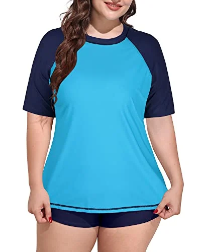 Plus Size Women's Loose Short Sleeved Rash Guard Swimsuit-Aqua Plunge Neckline Swimsuit Plus Size Women's Loose Short Sleeved Rash Guard Swimsuit-Aqua Plunge Neckline Swimsuit
