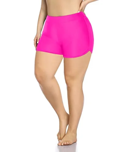 Plus Size Nylon & Spandex Swim Board Shorts-Neon Pink Elegant Ruffled Bikini